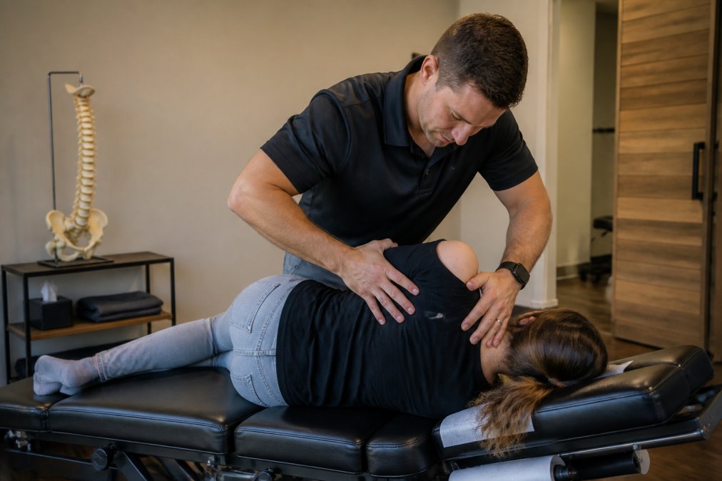A chiropractor performing a physical examination on a patient lying on a treatment table, with professional medical equipment visible in a clean clinic setting