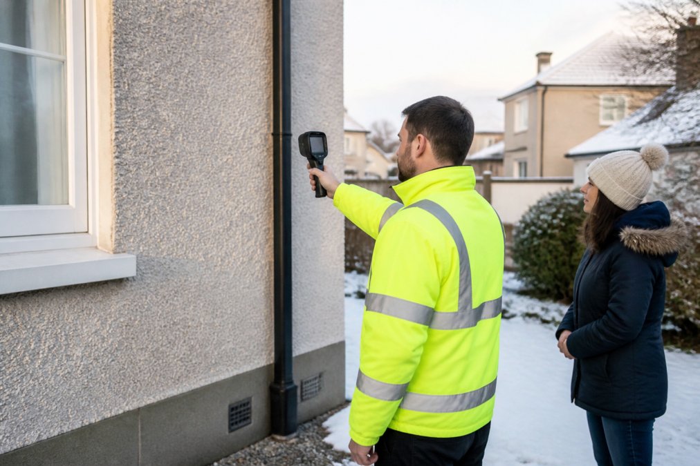 Professional surveyor in high-visibility jacket using thermal imaging camera on exterior residential wall while homeowner observes in winter afternoon light