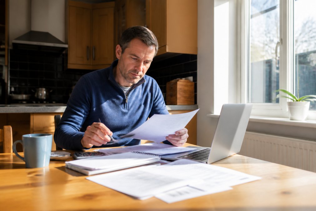 Homeowner at kitchen table reviewing printed energy bills and notes with laptop open, afternoon sunlight through window, preparing documents for upcoming home energy survey