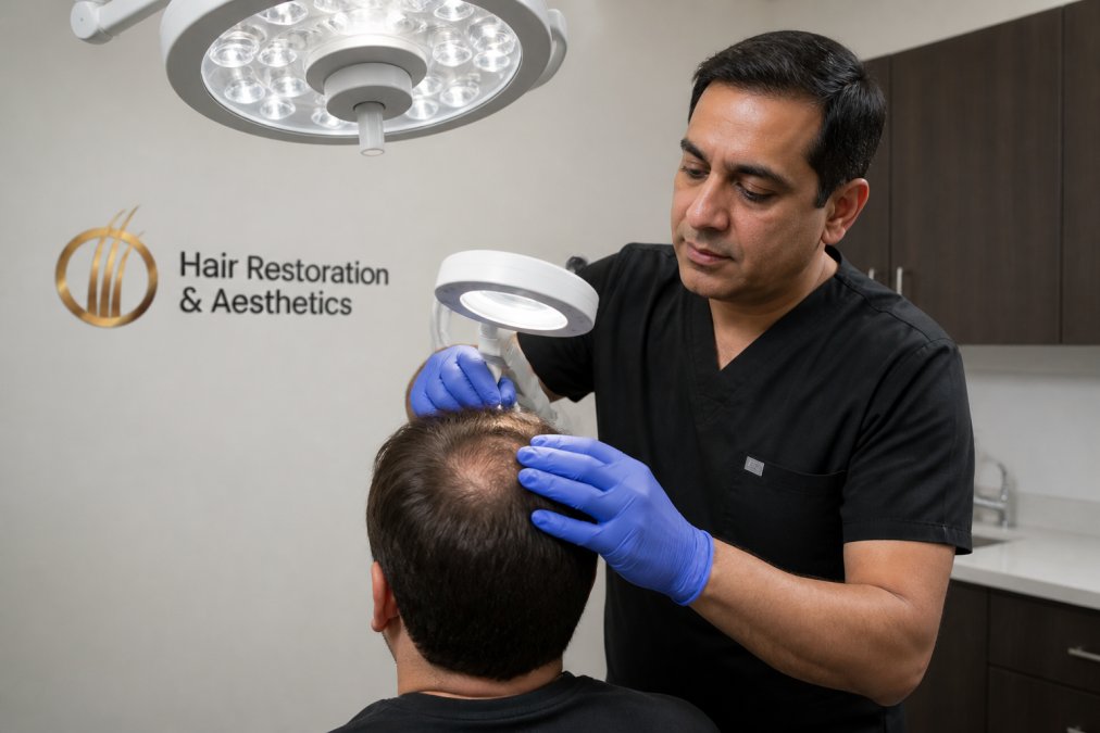 Board-certified physician performing scalp analysis on patient in professional medical office with specialized lighting and magnification equipment