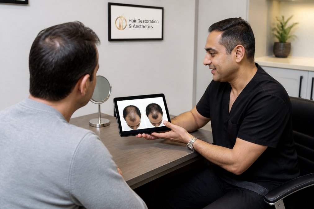 Patient sitting comfortably in consultation room with healthcare provider, reviewing before-and-after hair restoration images on tablet in professional clinical setting