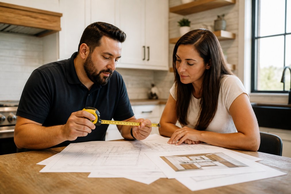 Licensed contractor and homeowner discussing renovation plans at a kitchen table with sketches and blueprints, contractor holding a tape measure while reviewing measurements, natural daylight from window