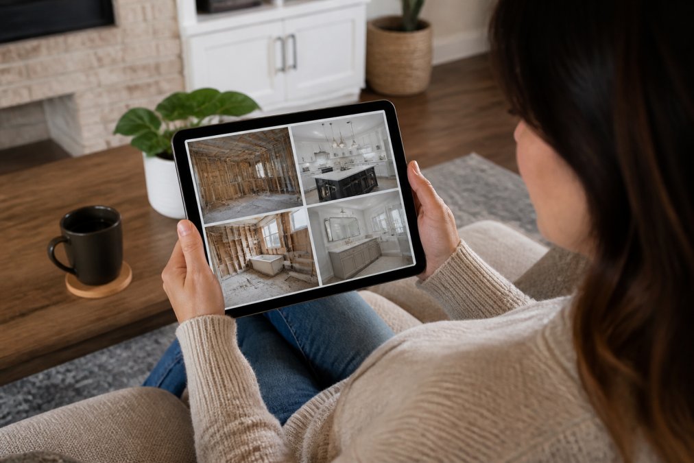 Homeowner reviewing contractor portfolio with before-and-after renovation photos displayed on a tablet in their living room, sitting on a couch with a cup of coffee nearby