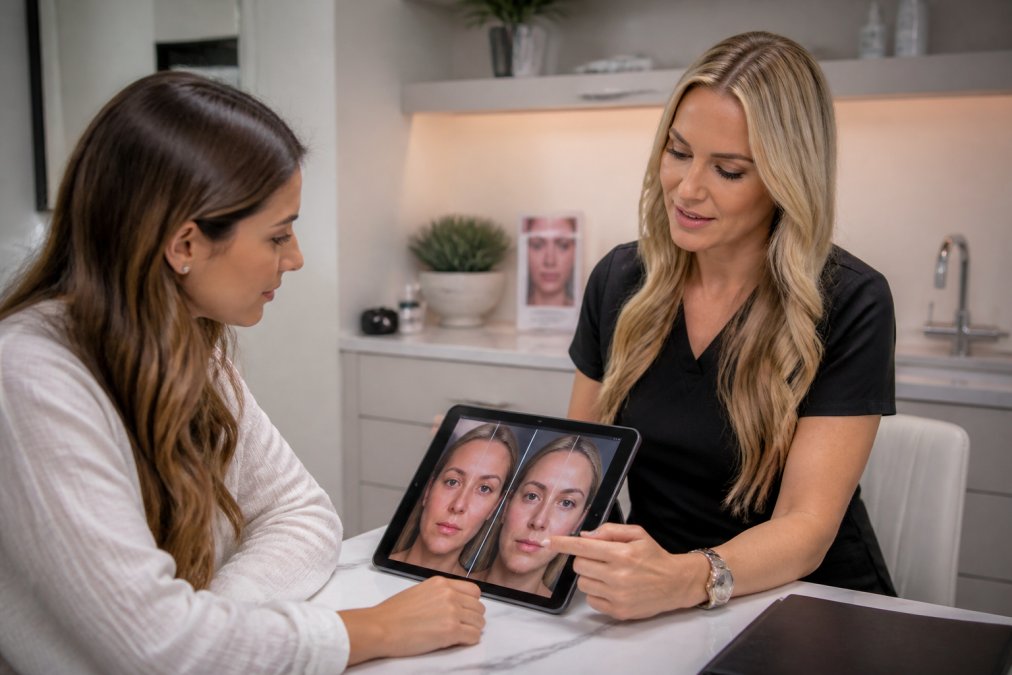 Patient and aesthetic provider reviewing before-and-after photos and treatment options on a tablet in a professional medical office with soft lighting