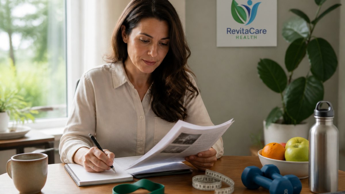 Professional woman reviewing medical documents and notes at home, sitting at a desk with a notepad and pen, preparing for a consultation appointment