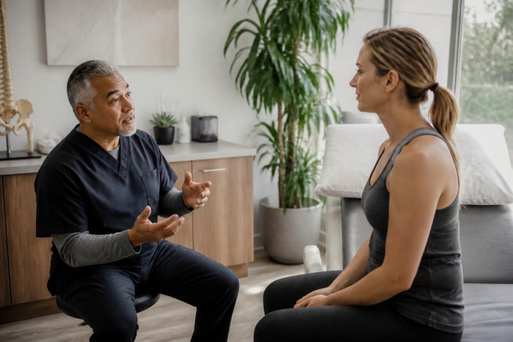 Healthcare provider discussing treatment options with patient in a modern medical office, patient seated comfortably during consultation with natural lighting