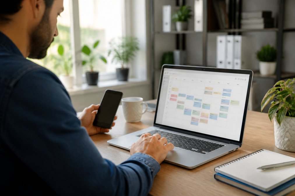 Person using smartphone and computer to schedule medical appointment online with calendar visible on screen, natural office lighting