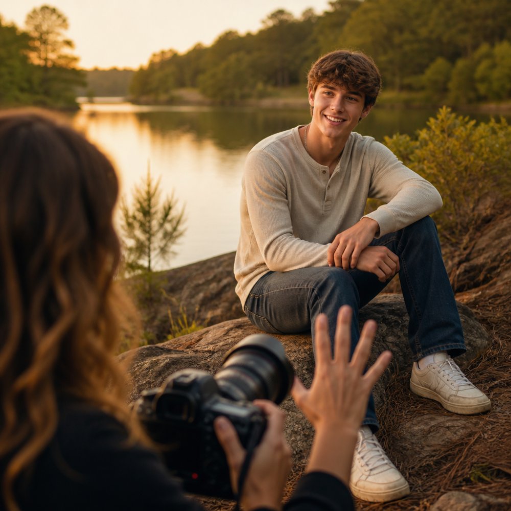 High school senior in natural outdoor lighting at a scenic location, relaxed and smiling while a photographer directs the session, showing the unhurried atmosphere of a professional portrait shoot