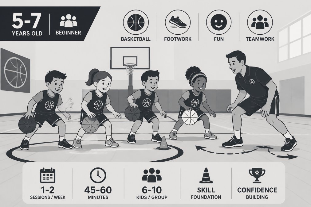 Young children aged 5-7 participating in a beginner basketball session indoors, dribbling colorful basketballs and smiling while a coach demonstrates footwork at ground level in a bright gymnasium