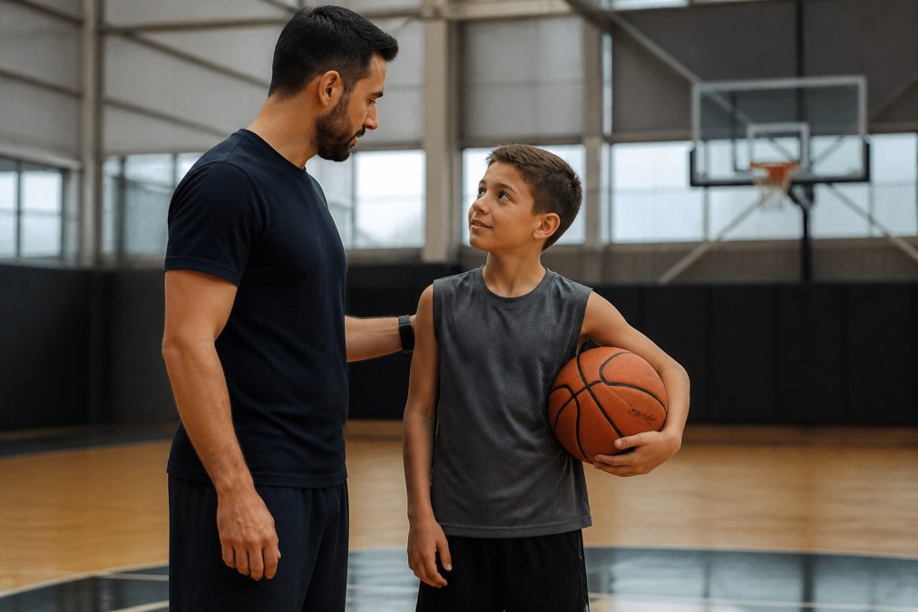Parent and child at a modern basketball court or training facility, child holding a basketball, both looking engaged and ready to begin a training session, natural gymnasium lighting