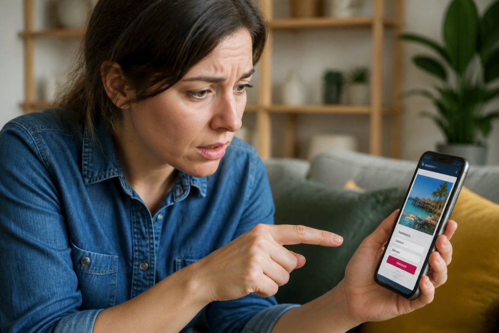 Person examining a smartphone screen showing a suspicious booking website with warning signs visible, hand pointing at concerning elements with a worried expression