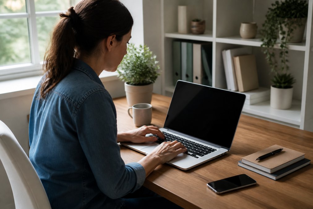 Person entering payment details on a laptop with a padlock icon visible on screen, secure connection indicators displayed, hands positioned carefully over keyboard in home office setting