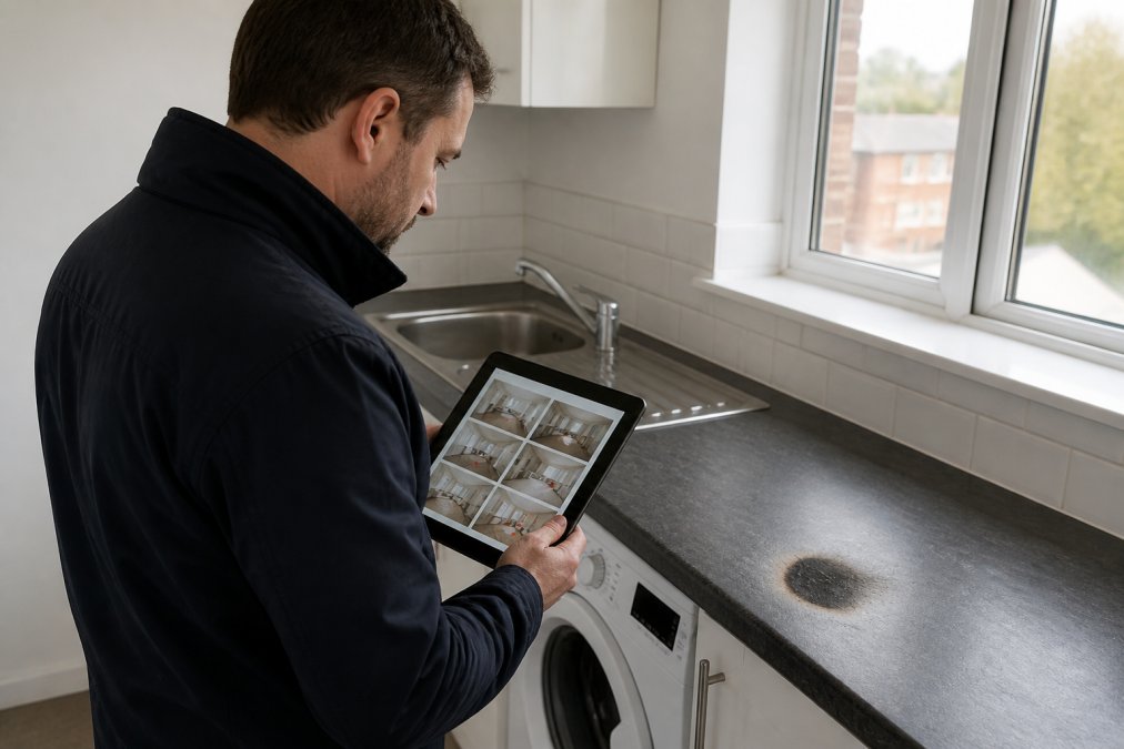 Property manager reviewing tablet showing multiple rental units with damage locations marked, standing in a rental property examining a burn mark on a laminate worktop with natural daylight from the window