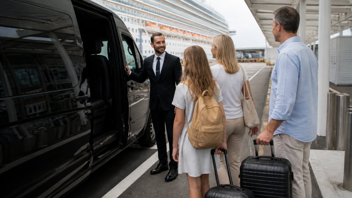 A chauffeur in a dark suit standing beside a black people-mover at a cruise terminal kerb, holding a name sign while a family with suitcases approaches the vehicle