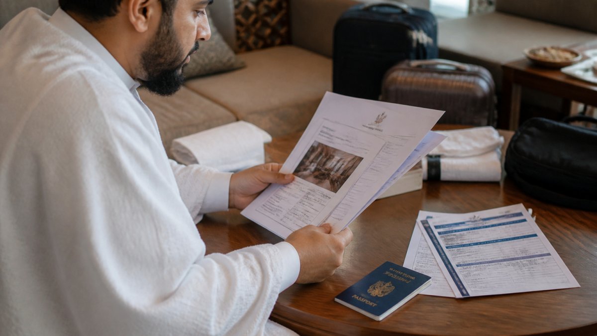 Person at home reviewing travel documents and booking confirmations on a laptop, with passport, hotel reservation letter, and flight itinerary spread on the desk beside them