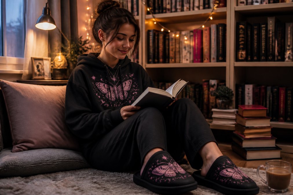Young adult wearing a custom BookTok graphic hoodie and matching slippers, sitting in a cozy reading nook surrounded by books, warm ambient lighting from a desk lamp and string lights casting a golden glow