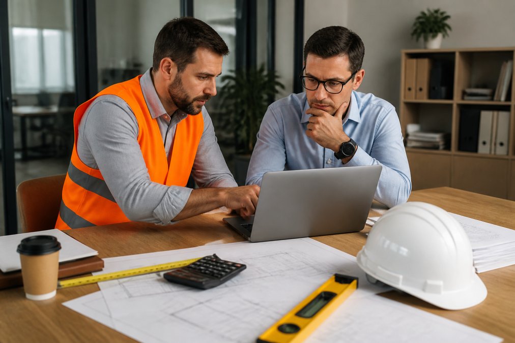 A construction contractor and an accountant sitting together at a desk reviewing project cost reports on a laptop, with blueprints and a hard hat visible on the table nearby, in a well-lit professional office setting
