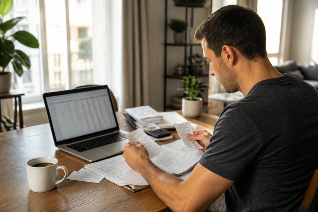 Independent contractor sitting at a desk reviewing financial documents and receipts, with a laptop open showing a spreadsheet and a coffee cup nearby, warm natural light from a nearby window