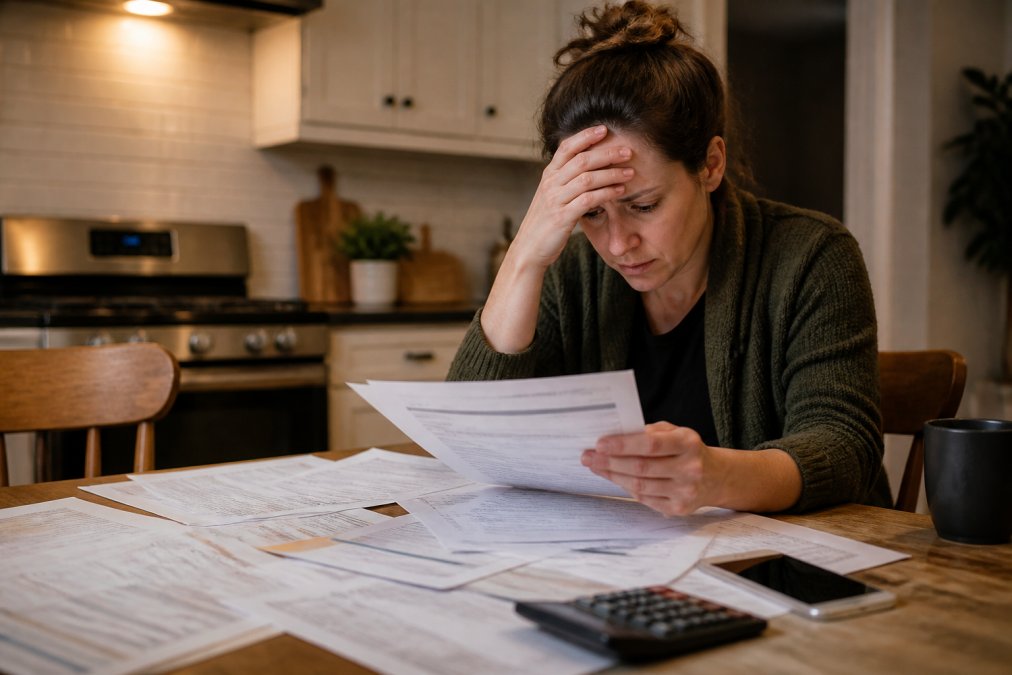 Small business owner looking stressed while reviewing invoices and bank statements at a kitchen table, phone and calculator visible, overhead kitchen lighting