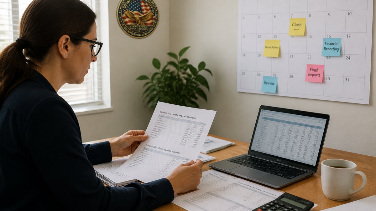 An accountant at a desk reviewing printed location-level financial statements beside a laptop showing a spreadsheet, with a wall calendar and coffee cup in a bright office