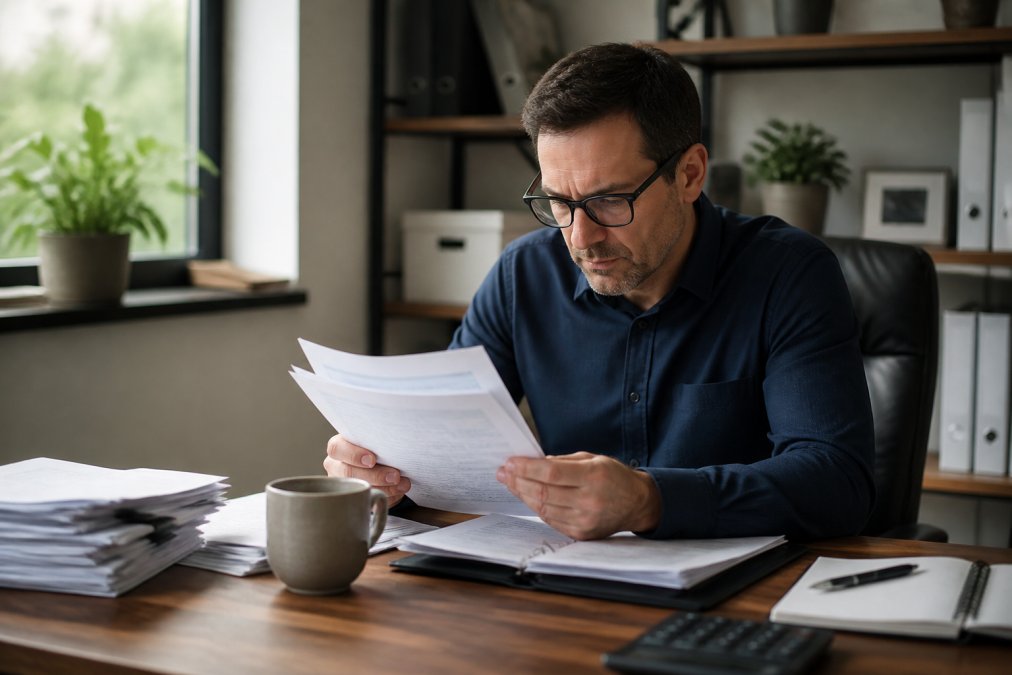 A small business owner reviewing financial documents and a laptop at a desk, with a coffee cup nearby and natural window light in a modest office setting