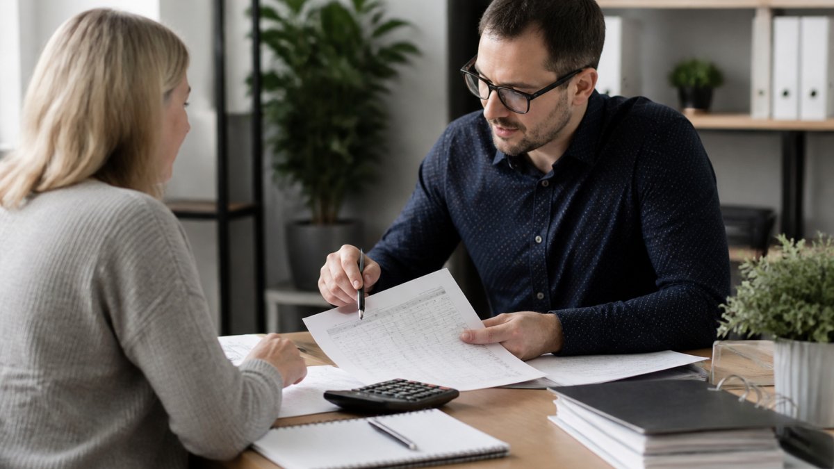 Small business owner reviewing financial documents and discussing bookkeeping strategy with a professional accountant across a desk in a modern office