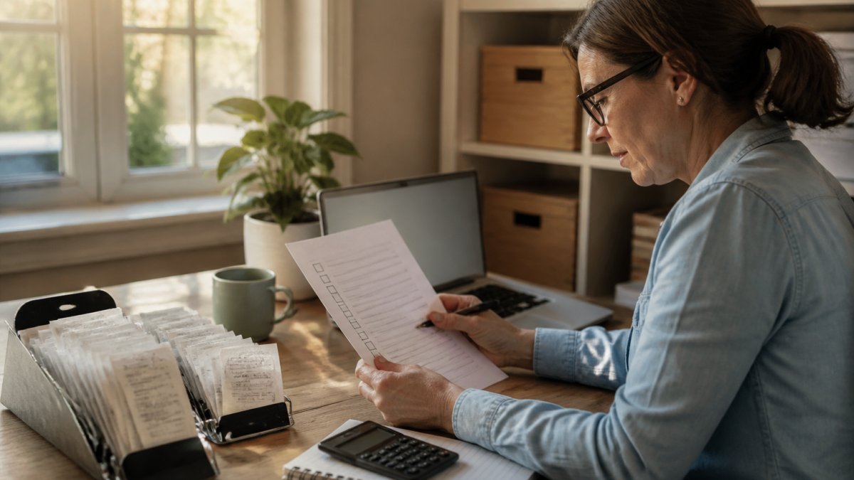 A small business owner at a tidy desk reviewing a printed checklist next to a laptop showing a spreadsheet, with receipts organized in a folder nearby, warm afternoon light through a window