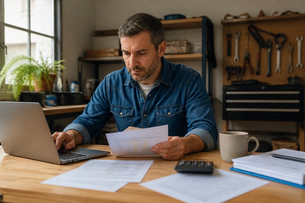 A small business owner in a workshop office reviewing financial documents on a laptop, with a calculator and a coffee mug on the desk