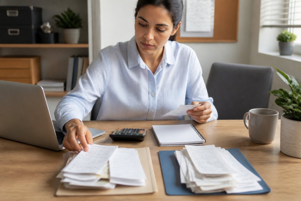 Small business owner at desk with laptop, calculator, and organized receipts in folders, separating documents into business and personal piles with natural office lighting