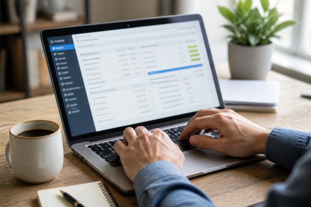 Close-up of hands typing on laptop showing accounting software dashboard on screen, with coffee cup and notepad nearby on desk with natural lighting