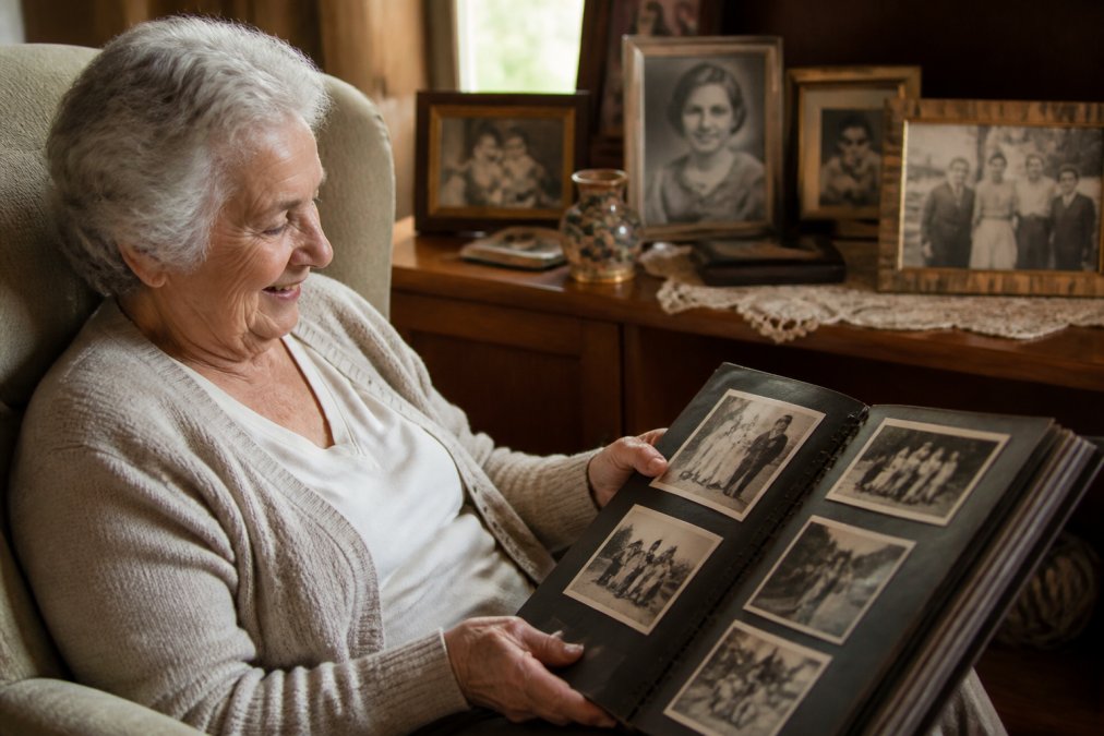 An older adult holding a vintage photograph album or nostalgia book, smiling warmly while examining aged black-and-white photographs from the 1950s, seated in a comfortable armchair surrounded by family memorabilia and warm natural lighting