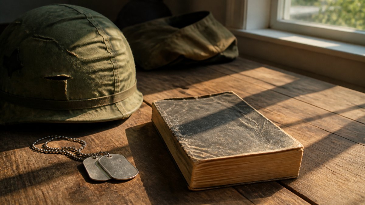 A weathered paperback novel resting on a worn wooden table beside a soldier's helmet and dog tags, soft window light casting long shadows