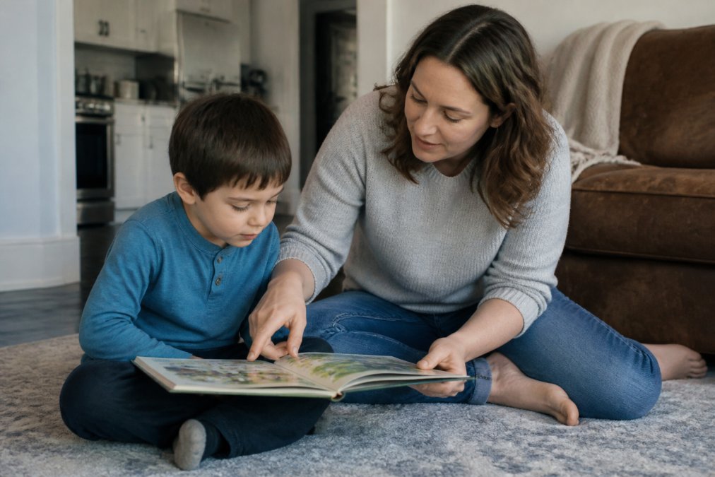 A parent pointing to a picture book while reading with their nonverbal autistic child on the living room floor