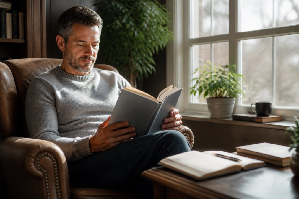 Person reading in a cozy armchair by a window with a journal, finding resilience and hope through quiet reflection.