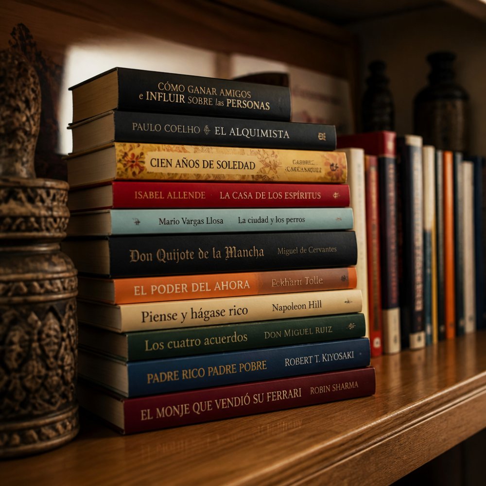 Stack of colorful books in Spanish with visible spines and covers, arranged on a wooden shelf with warm lighting, showing diverse titles and genres