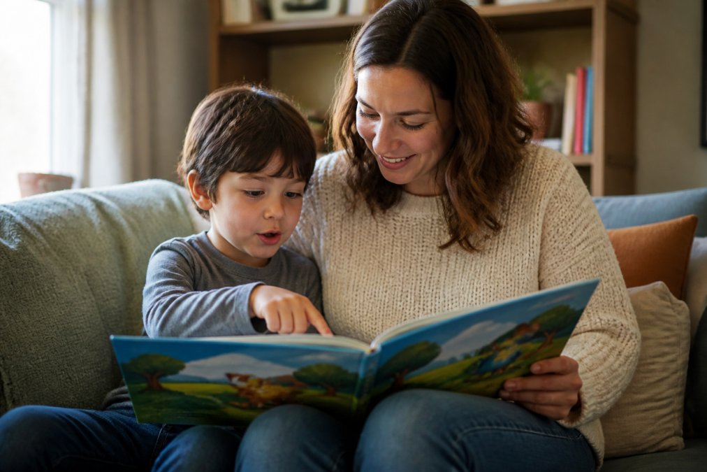 Parent and child reading a colorful book together while teaching kindness on a cozy couch