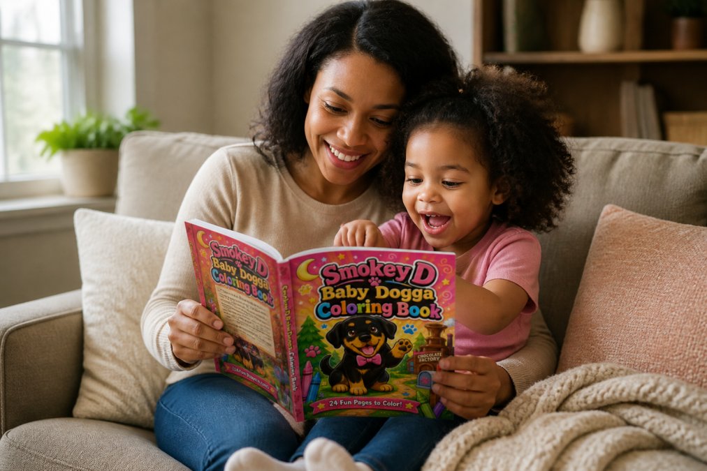 Parent and young child sitting together on a cozy couch reading a colorful picture book, child pointing at illustrations with wonder and excitement, warm natural lighting from nearby window