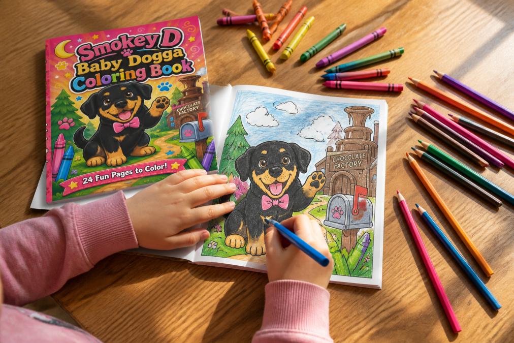 Child's hands working on a Smokey D Baby Dogga coloring book with colored pencils and crayons spread across a bright wooden table, vibrant illustrations visible, natural daylight streaming across workspace