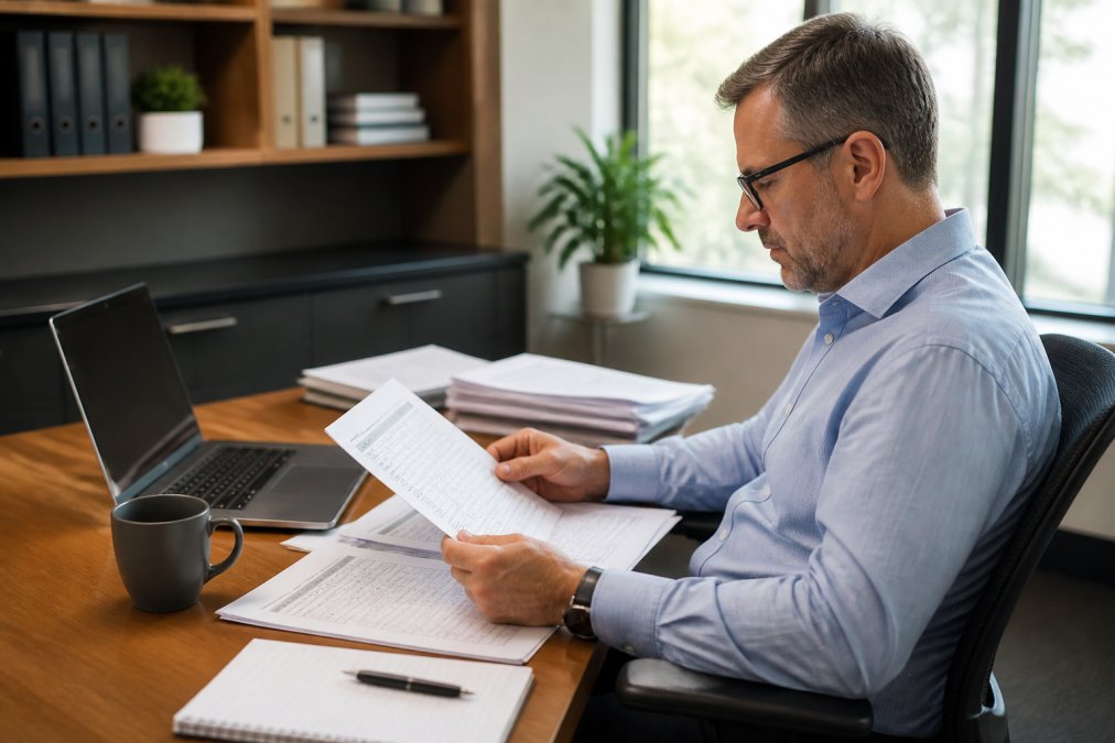 A controller reviewing printed financial statements at a clean desk with a laptop open to a property management dashboard, coffee cup nearby, in a professional office setting