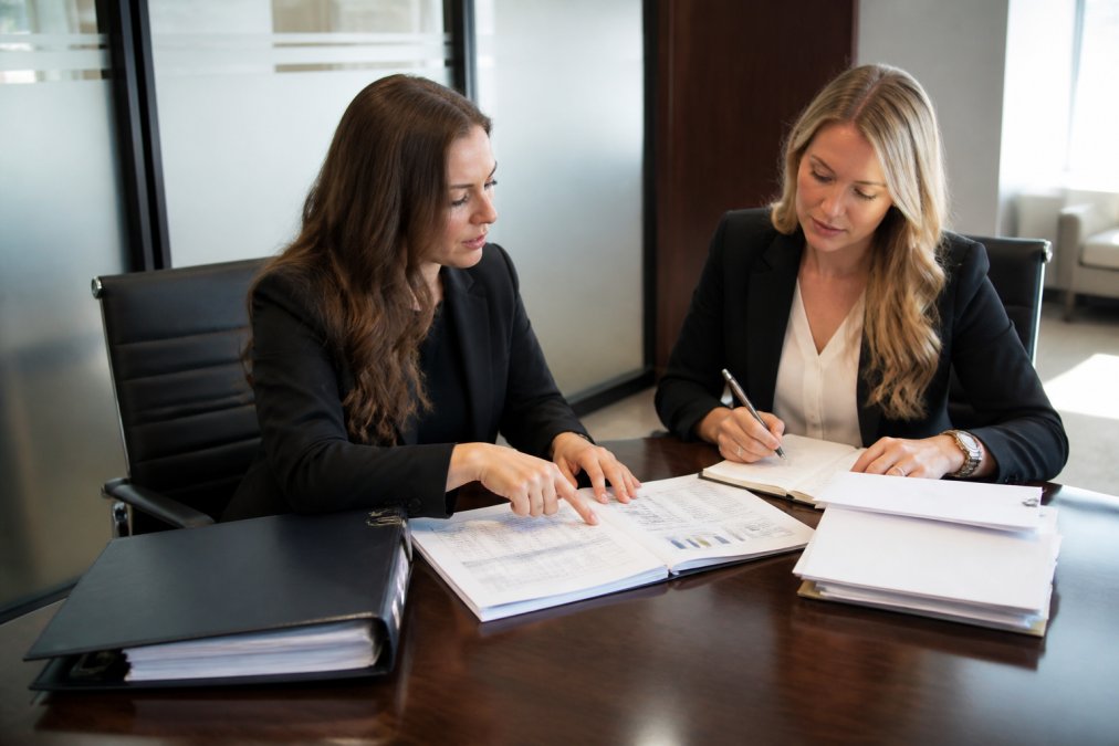 Two finance professionals in a modern conference room reviewing a multi-page portfolio report together, one pointing to figures on the page while the other takes notes, in a well-lit professional setting