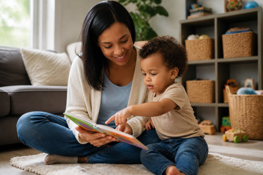 A parent sitting on a cozy living room floor reading a colorful board book to a toddler who is pointing at the pictures, warm natural light from a nearby window