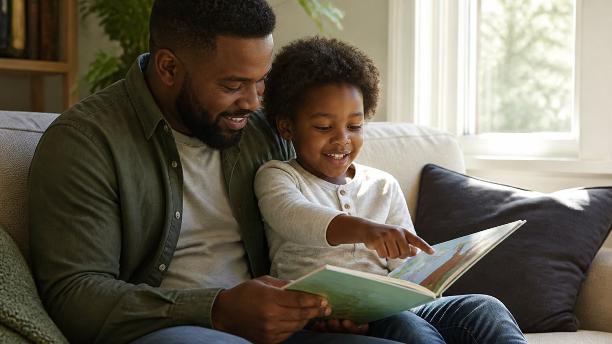 A parent and young child sitting together on a cozy couch reading a picture book, the child pointing at an illustration and smiling, warm natural light from a window