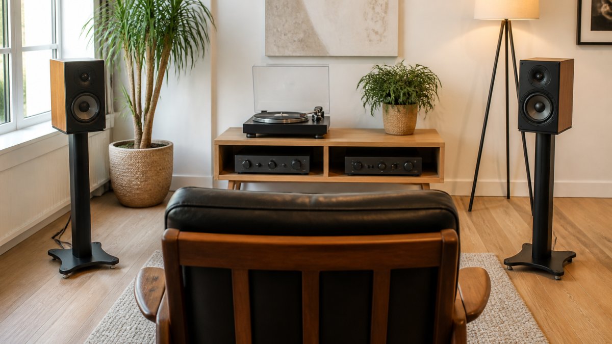 A pair of compact standmount speakers on dedicated stands in a bright living room, angled slightly inward towards a single listening chair, with a vinyl turntable on a side unit in the background