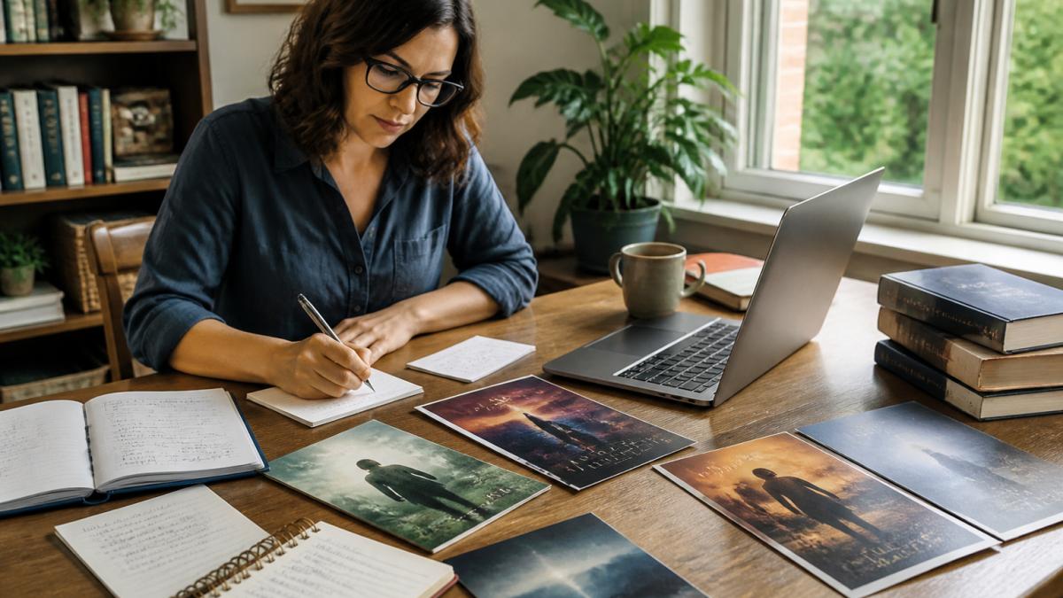 Indie author at desk with laptop, printed book covers spread out, handwritten reader feedback notes, actively recruiting advance readers in home office with natural window lighting