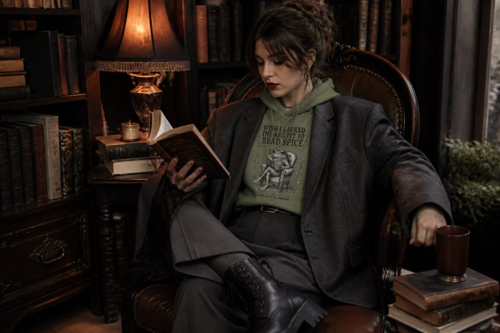 Young adult wearing dark romantasy-inspired outfit with oversized charcoal blazer over a graphic bodysuit, paired with high-waisted trousers and combat boots, sitting in a moody reading nook surrounded by dark academia books and warm lamp lighting