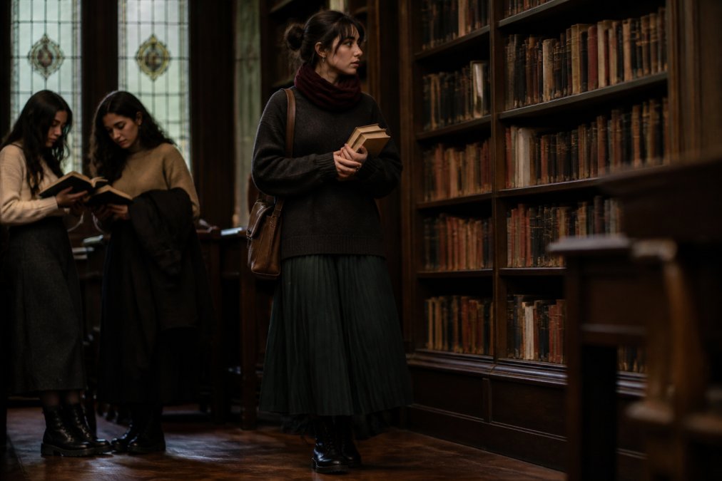 Person wearing dark academia outfit with oversized charcoal sweater, midi-length pleated skirt in forest green, black leather boots, and a burgundy scarf, standing in front of wooden bookshelves with warm library lighting