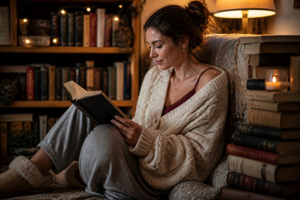 Person relaxing in a warm reading nook wearing an oversized cream cable-knit sweater, burgundy satin camisole peeking out at the neckline, soft grey loungewear pants, and fuzzy slippers, surrounded by stacked books and warm lamplight