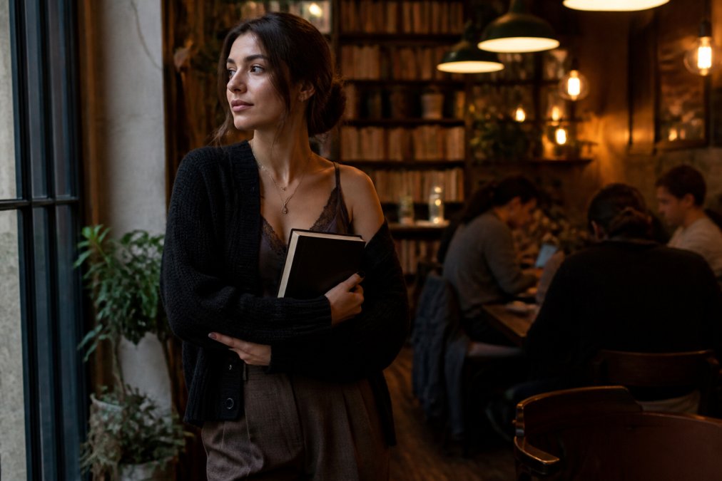 A young woman in a dark academia-inspired outfit with a lace-trim camisole under a chunky cardigan, holding a hardcover book, standing in a moody coffee shop with warm lighting