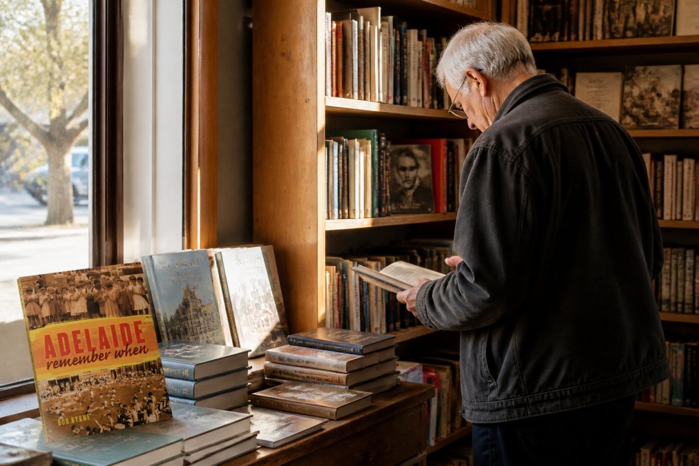 Warm interior of a small independent bookshop with wooden shelves, vintage local history books displayed prominently, and an older customer browsing the collection near a window with natural afternoon light