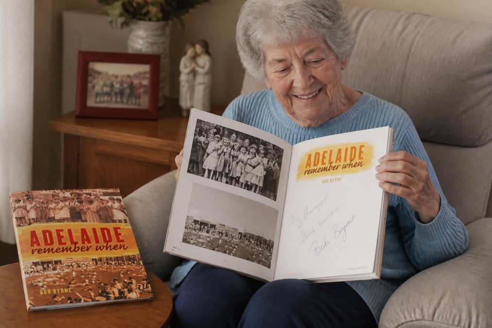 An elderly person holding an open signed nostalgia book with vintage black and white photographs visible on the pages, smiling warmly while looking at the content, with warm natural lighting highlighting the book's pages and the author's inscription